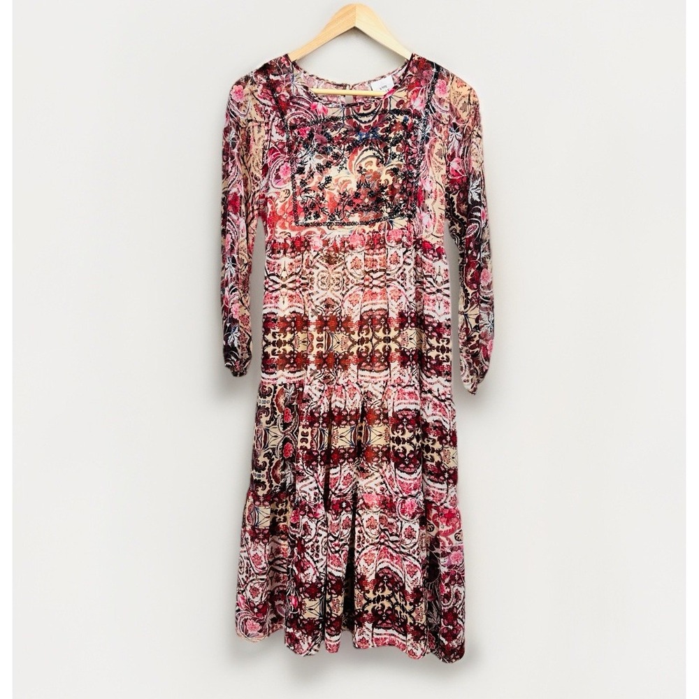 Knox Rose Pink Boho Tiered Midi Dress Long Sleeve Peasant Small